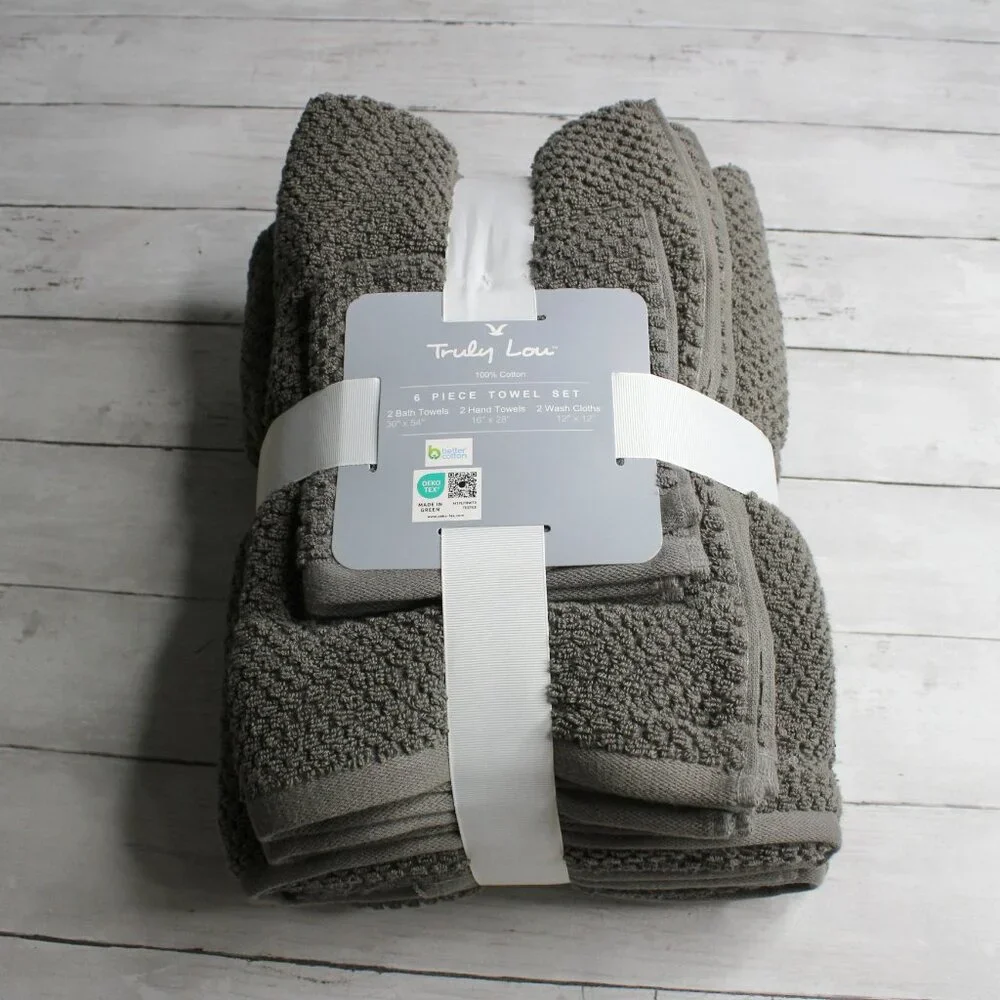 Truly Lou Bath Towel Set 100% Cotton Gray Hand Towels Washcloth 6 Piece